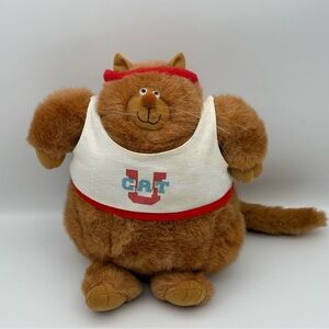 Vtg Hallmark 1986 Stuffed Plush Fat Cat Brown Wearing Red Headband Tank Top 10”